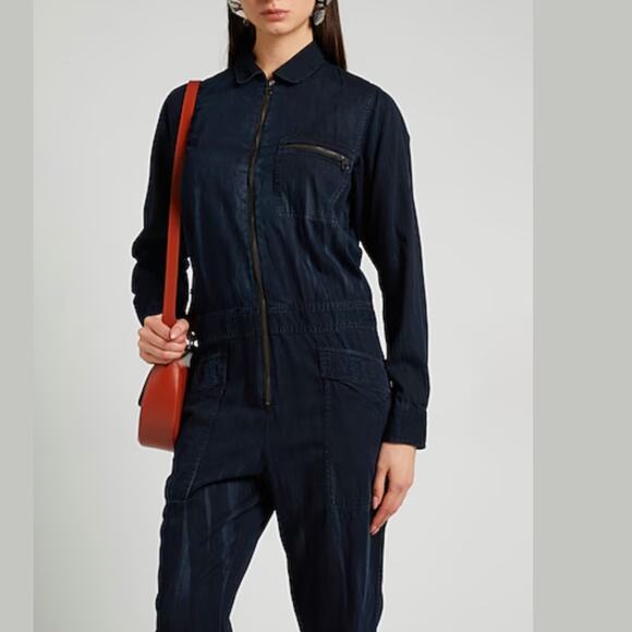 Current/Elliott Dark Wash Denim Utility Coverall Jumpsuit | Model-Off-Duty - Picture 3 of 8